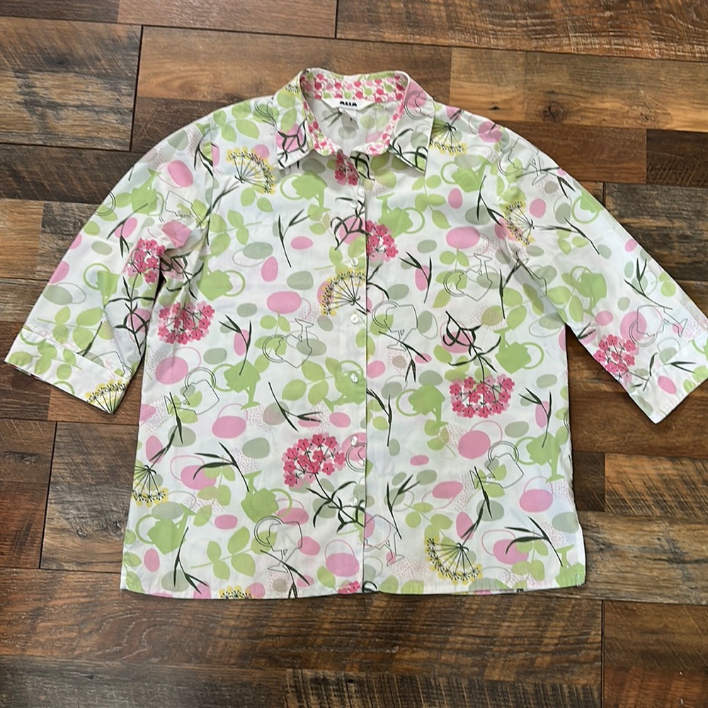 Alia pink & green garden print button down Sz 14